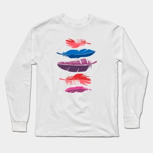 Printed feathers illustration in blue, purple, red and pink Long Sleeve T-Shirt